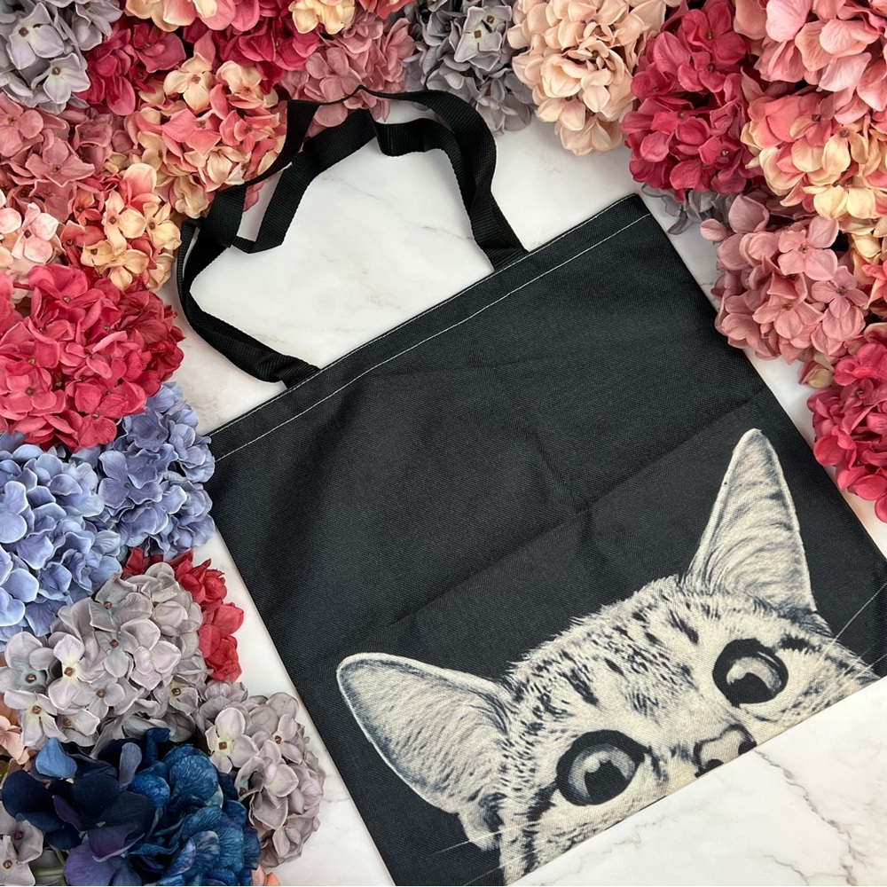 Eco-Friendly Gray Tabby Cat on a Black Folding Tote Bag - Picture 3 of 16